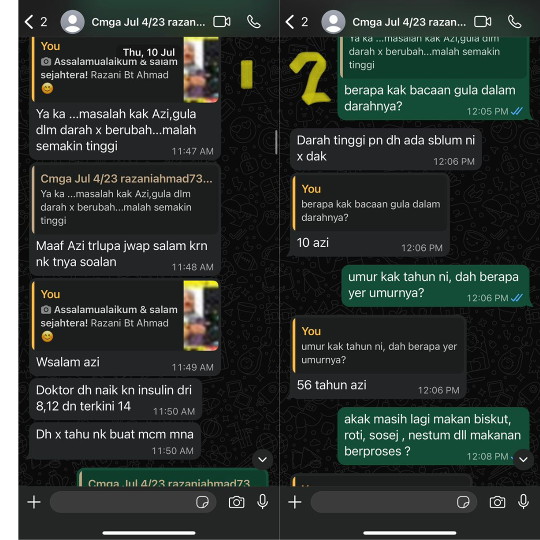 Screenshot WhatsApp conversation Kak Razani - masalah gula darah naik